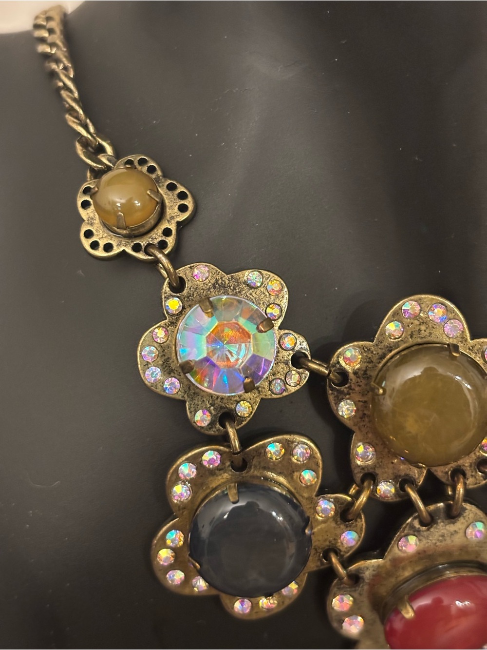 Betsey Johnson Floral Statement Bib Necklace Multicolor Stone Gold Tone Signed - Picture 5 of 9